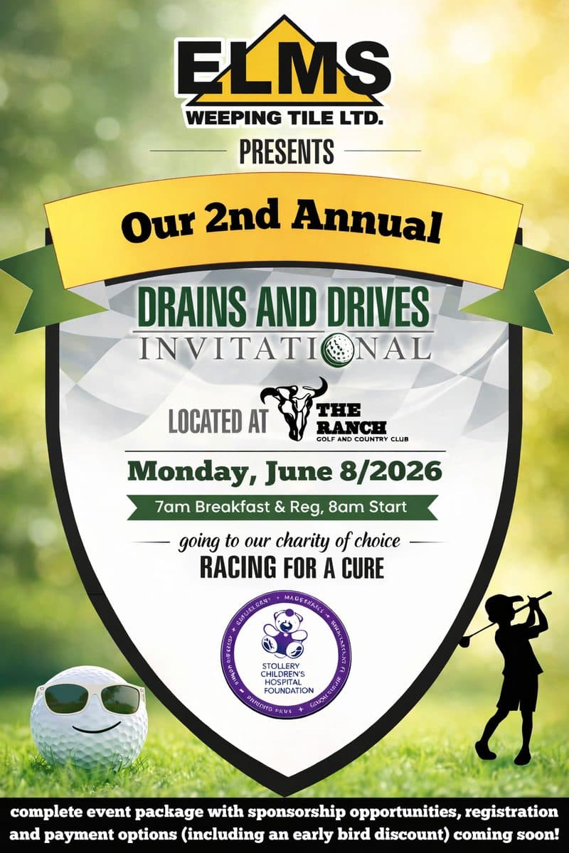 Poster for the 2nd annual Drains & Drives Invitational at The Ranch Golf & Country Club, in support of Racing for a Cure.